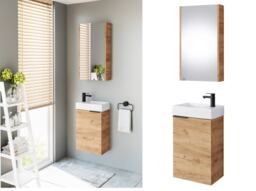 Wall Hung Bathroom Cabinets Set 400mm Vanity Unit with Basin Wall Mirror Cabinet Oak Effect Small Narrow Furniture Avir