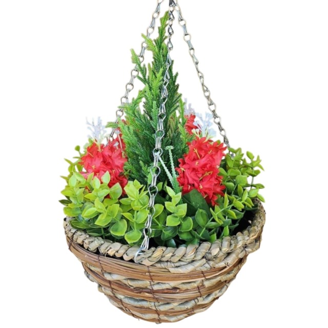 Best Artificial 25cm / 10 Inch Red Hyacinth Hanging Basket - Suitable for Outdoor Use - Weather & Fade Resistant Red Red 1