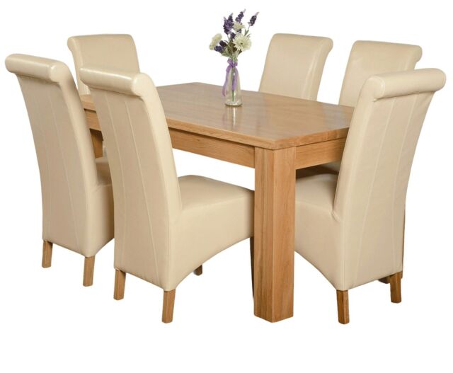 Dakota 152 x 87cm Medium Oak Dining Table and 6 Montana Leather Chairs Cream Cream