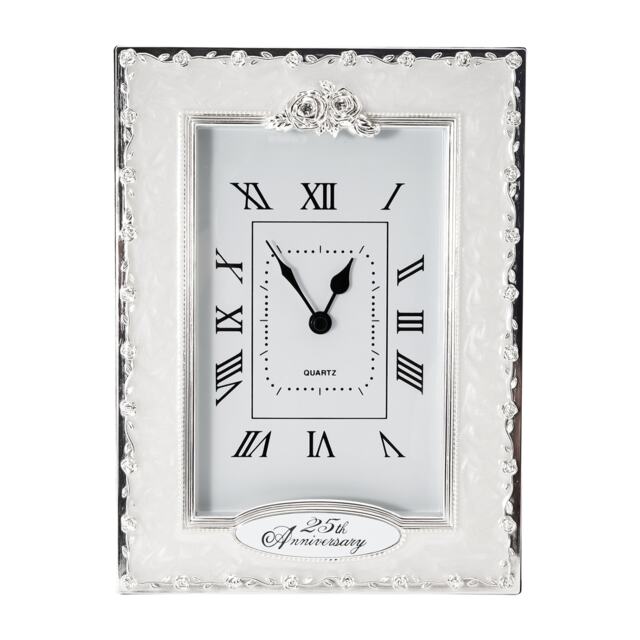 25th Anniversary Clock in White Epoxy with Silver Plated Roses and Diamantes