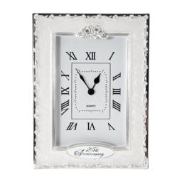 25th Anniversary Clock in White Epoxy with Silver Plated Roses and Diamantes