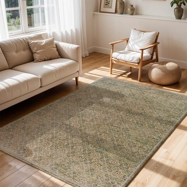 LIVABLISS Galey Alix Myrtle Avenue-Vintage Traditional Boho Fringe Rug 120 x 170 cm Brown Green Grey