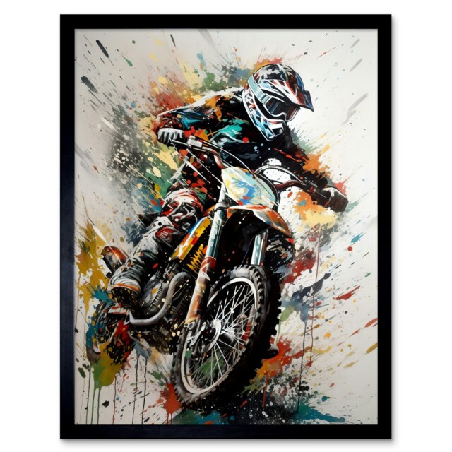 "Motocross Racer Paint Action Shot Home Decor 12x16"" Framed Wall Art Print"