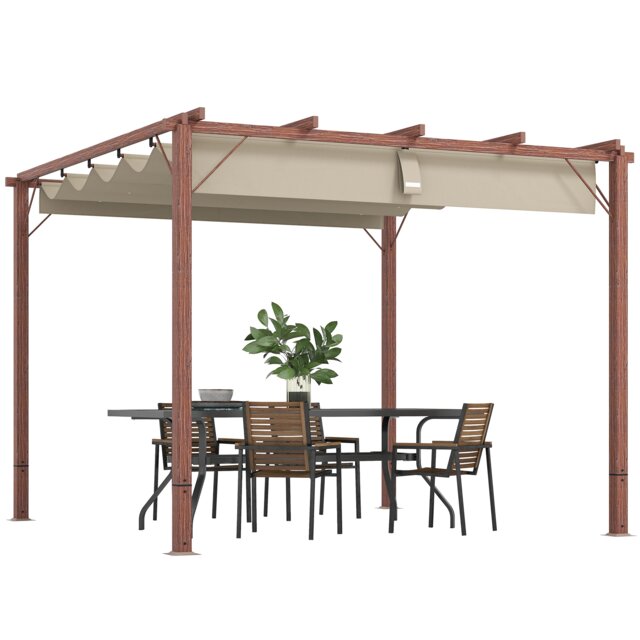 Outsunny 3 x 3m Garden Pergola with Retractable Roof Canopy and Wood Grain Aluminium Frame, Outdoor Gazebo Pergola Kit, UPF30 Sun Shade Shelter for Deck, Porch, Natural Wood Finish