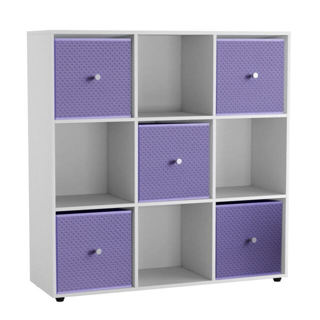 9 Cube Wooden Bookcase Shelving Unit with 5 Collapsible Fabric Drawers Multi White & Lilac 1
