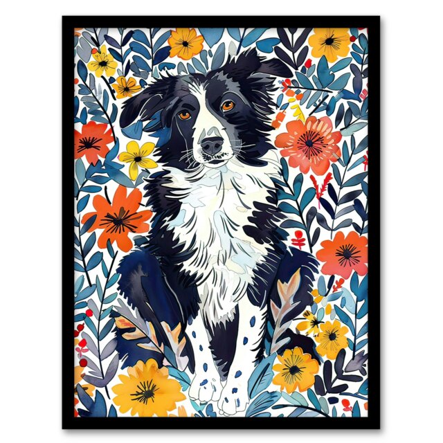 Border Collie Flower Field Dog Lover Watercolour Black Framed Wall Art Print A4