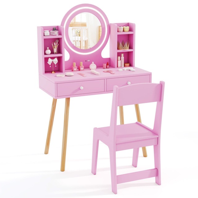 COSTWAY Kids Vanity Set Princess Vanity Desk Set Pink