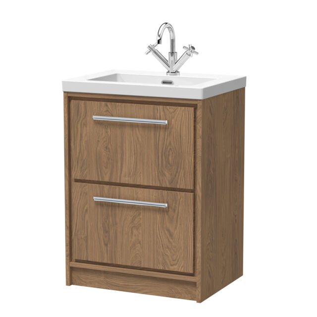 Balterley Longnor 2 Drawer Floor Standing Vanity Unit with 1 Tap Hole Modern Fireclay Basin, Antique Oak, 600mm