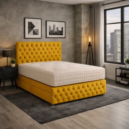 3ft single mustard plush velvet divan bed with head and footboard set - 2 Drawers Right Side Laying in Bed
