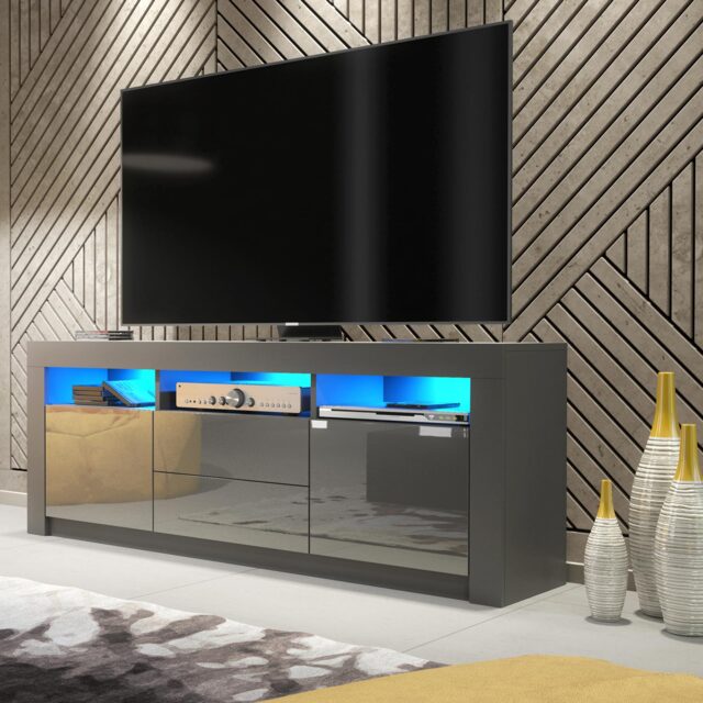 TV Unit TV Stand Cabinet Sideboard Grey High Gloss Doors Free LED 160cm