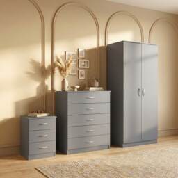 Vida Designs Riano 3 Piece Bedroom Set (3 Drawer Bedside Chest, 5 Drawer Chest, 2 Door Wardrobe) - Grey