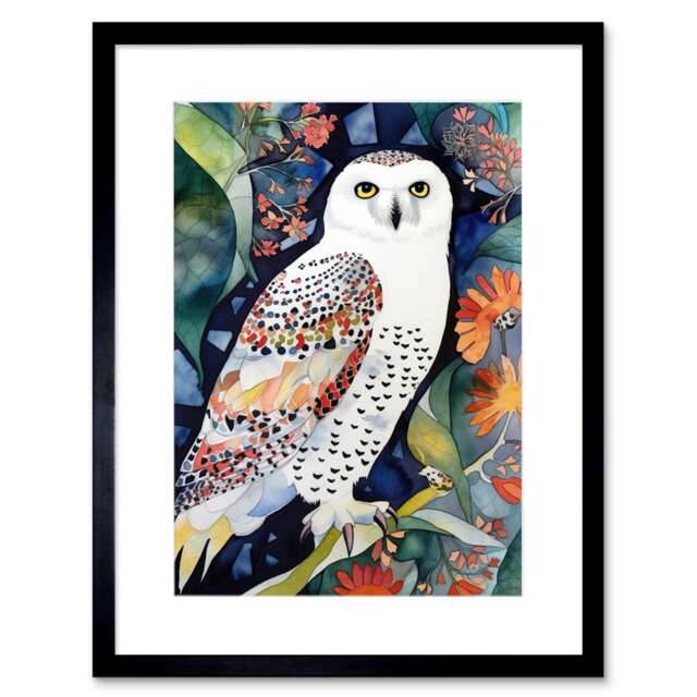 "Snowy Owl Blooming Tree Folk Art 9x7"" Black Framed Wall Art Print"