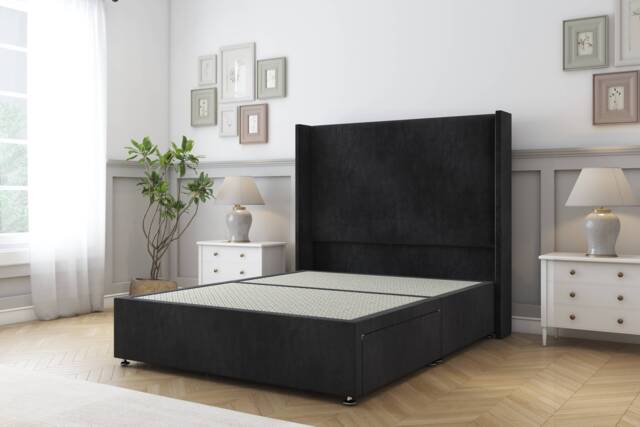 Sloomy Devonshire Black Naples Divan Bed Base No Drawers With 54 Inch Wingback Headboard Black Black King 1