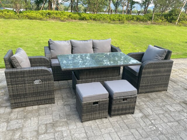 Fimous Dark Mixed Grey Rattan Outdoor Garden Furniture Lifting Adjustable Dining Or Coffee Table Sets Lounge Sofa Recling Chairs Footstools 7 Seater