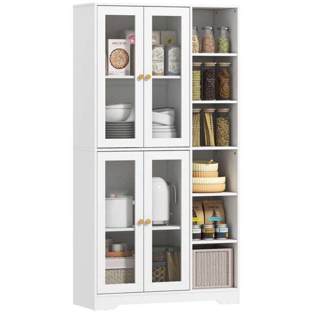 HOMCOM 172 cm Tall Kitchen Cupboard, Pantry Storage Cabinet with Tempered Glass Doors and Soft-Close Hinges, Freestanding Kitchen Cabinet with Adjustable Shelves and 6 Open Shelves, White White White
