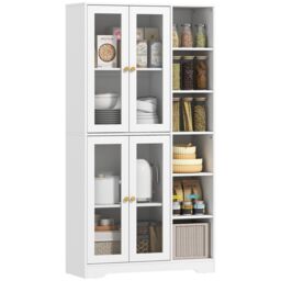 HOMCOM 172 cm Tall Kitchen Cupboard, Pantry Storage Cabinet with Tempered Glass Doors and Soft-Close Hinges, Freestanding Kitchen Cabinet with Adjustable Shelves and 6 Open Shelves, White White White