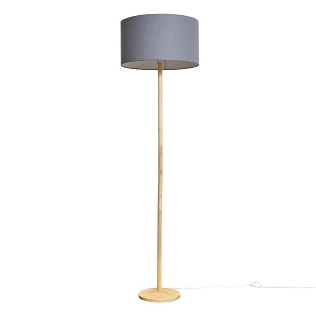 ValueLights Single Stem Natural Light Wood Floor Lamp With Dark Grey Shade Grey