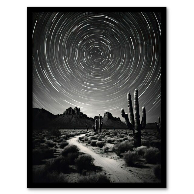 Moon Star Time Lapse Trails Stars Tracing Black Framed Wall Art Print A4