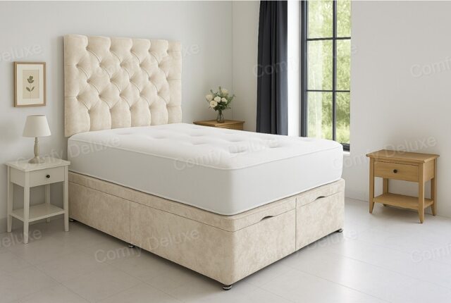 End Lift Cream Crush Velvet Ottoman Bed Open 4ft Small Double Headboard and Mattress