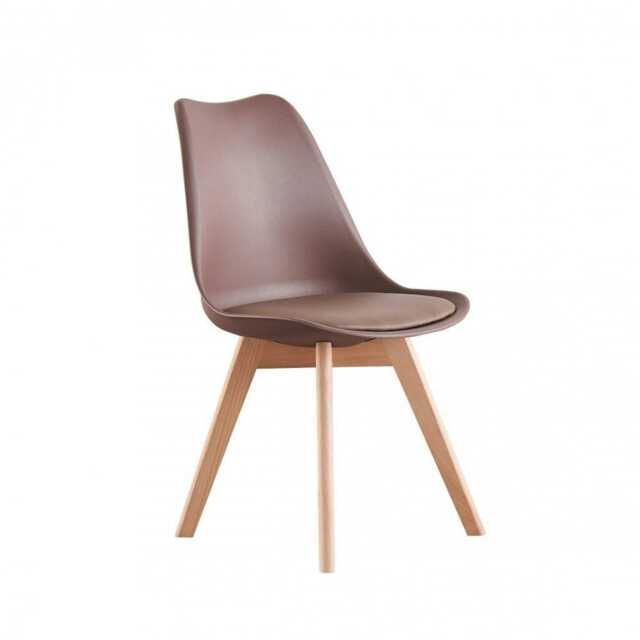 Single Scandinavian Dining Chair with Leather Cushions Solid Wood Legs Brown