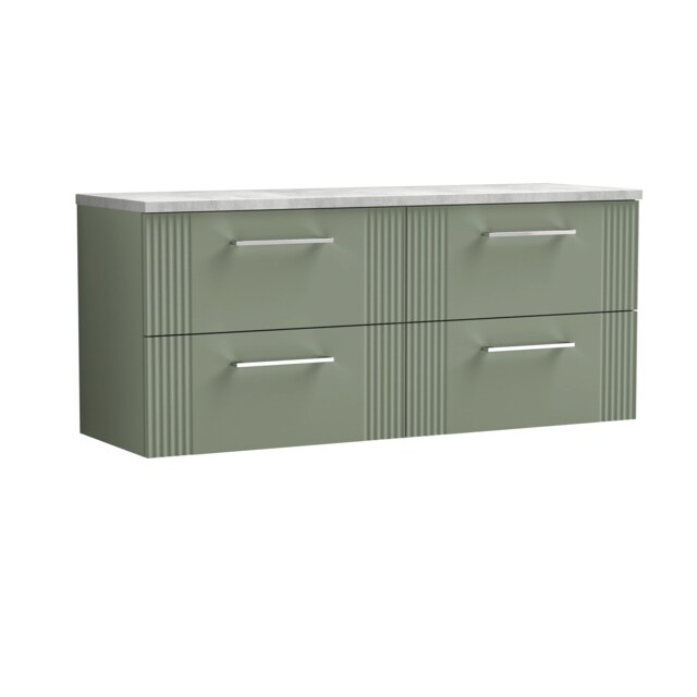 Balterley Partial Fluted 4 Drawer Wall Hung Vanity Unit with Bellato Laminate Worktop Green Satin Green 3