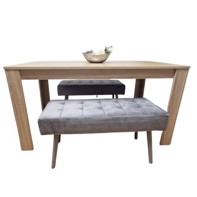 Oak Effect Dining Table with 2 Grey Velvet Benches Dining Set