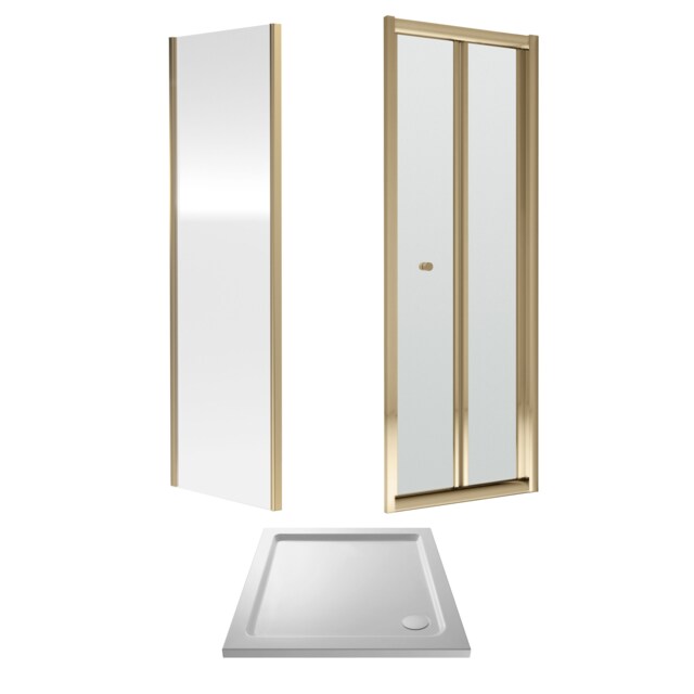 Balterley Square Bi-Fold Shower Suite & Safety Glass Door, Side Panel Tray Polished Frame & Tray Copper Brushed Brass 3