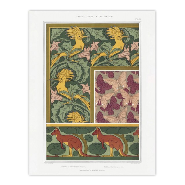 "Birds Butterflies Kangaroo Pattern Wall Art Print Verneuil 12x16"""