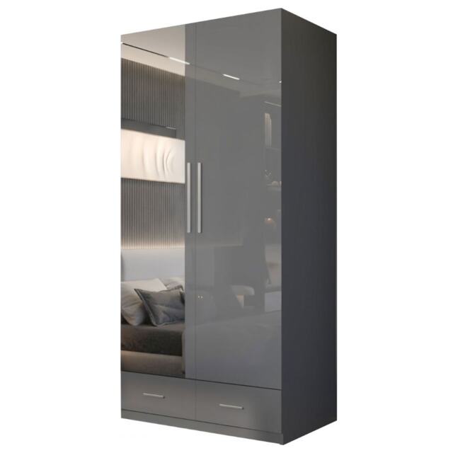 Sliding Wardrobes 4U High Gloss Wardrobe Range with Mirror and Silver Handles - 2 3 or 4 Door Sizes White Black or Grey Finish Grey Grey 90cm