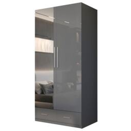Sliding Wardrobes 4U High Gloss Wardrobe Range with Mirror and Silver Handles - 2 3 or 4 Door Sizes White Black or Grey Finish Grey Grey 90cm