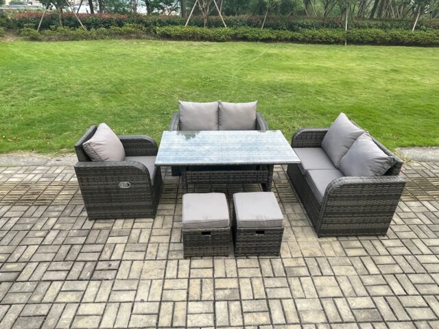 Fimous 7 Seater Lounge Rattan Sofa Set Outdoor Garden Furniture Oblong Rectangular Dining Table With Chairs Footstools Dark Grey Mixed