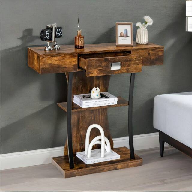 Industrial T Shaped Narrow Console Table With Drawer Brown