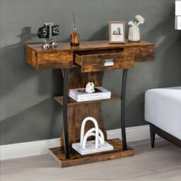 Industrial T Shaped Narrow Console Table With Drawer Brown