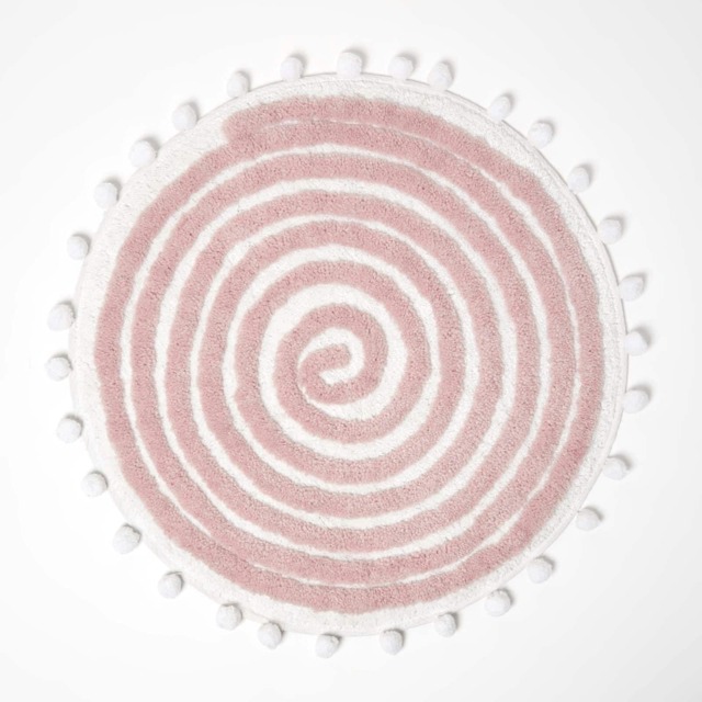 Homescapes Spiral Blush Pink Cotton Bath Mat with Pom Pom Edges Pink