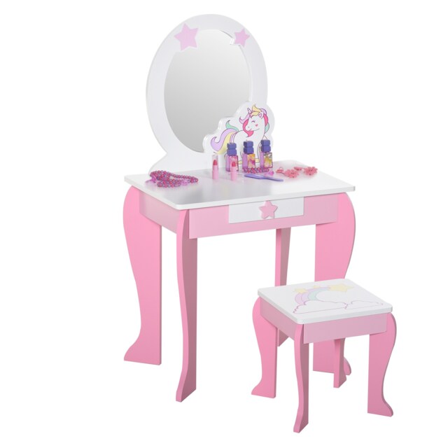 HOMCOM Girls Dressing Table with Mirror, Stool, Pretend Play Toy Pink White