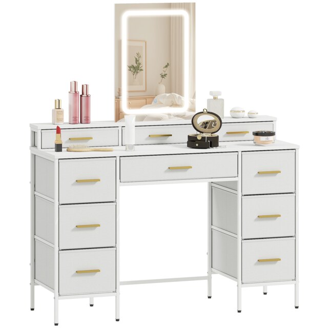 HOMCOM Dressing Table with LED Lighting Mirror and 10 Drawers, White Black