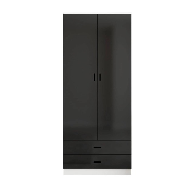 Glossy Tall 2 Door Wardrobe Bedroom Storage with Hanging Rail Modern Furniture Black White Carcass & Black Drawers 1