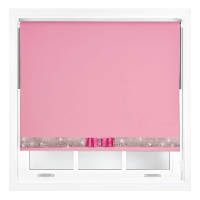 FURNISHED Blackout Roller Blinds with Diamante Trim and Bow Cut to Size Pink Pink (W) 120cm x (L) 210cm