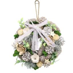 Christmas Wreath Festive Decoration with Jute Hanger Traditional Pinecone Decor Multi Cream, Silver & Green 25cm 1
