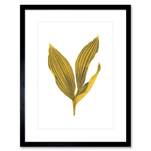 "Botanics Gold Leaf Grey Stripe Leaves 9x7"" Black Framed Wall Art Print"
