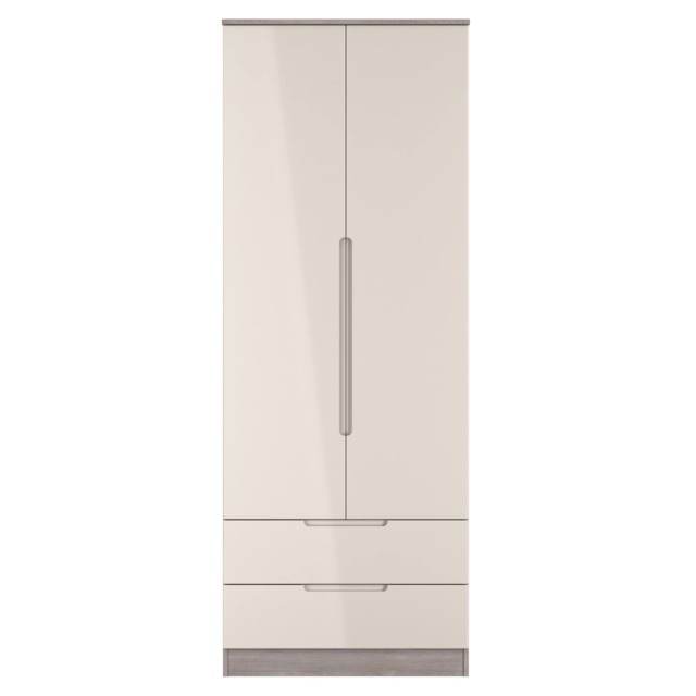 Lucca Tall 2 Drawer Double Wardrobe in Kashmir Gloss & Grey Oak (Ready Assembled) Cream Kashmir Gloss & Grey Oak
