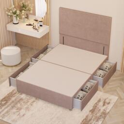 Divan Bed Base with 4 Drawers & Plain Floor Standing Headboard Plush Velvet Pink Pink