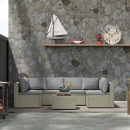 Outsunny 7 Pieces Rattan Garden Furniture Set with Cushions, Light Brown Brown Light Brown