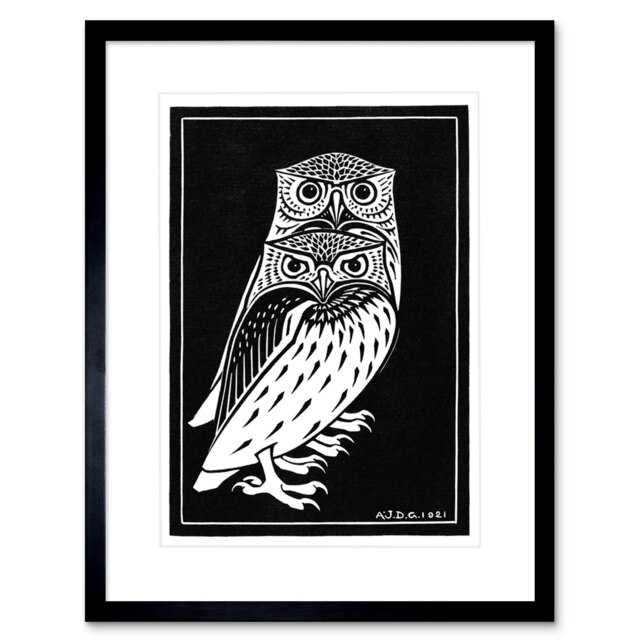"Julie De Graag Two Owls Bold Black White 9x7"" Black Framed Wall Art Print"