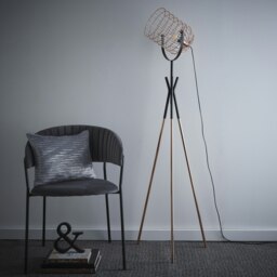 Fulton Industrial Metal Cage Tripod Copper and Black Floor Lamp Black