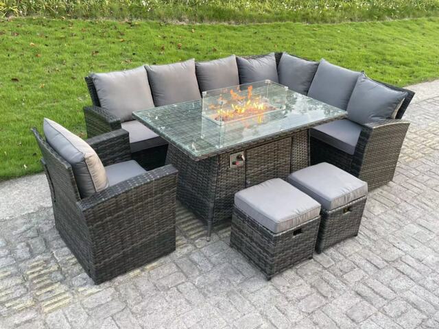Fimous High Back Rattan Garden Furniture Sets Gas Fire Pit Dining Table Gas Heater Set Right Corner Sofa Small Footstools Chair 9 Seater