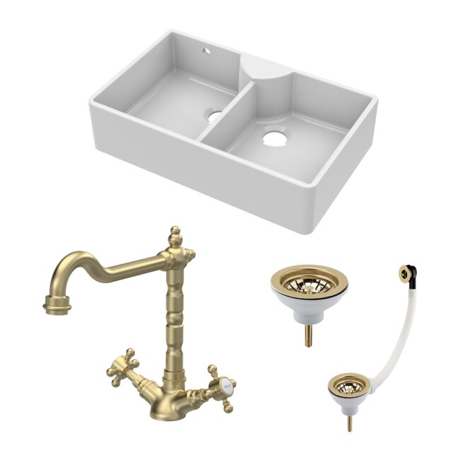 Fireclay Kitchen Bundle - 2 Bowl Stepped Weir Butler Sink, Wastes & French Classic Tap, 895mm - Brushed Brass
