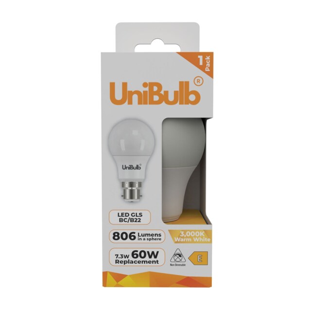 UniBulb LED GLS B22 Bayonet Cap (BC) 806lm 7.3W (Replaces 60W) 3000K (Warm White) Light Bulb - Pack of 1 White Warm White 1