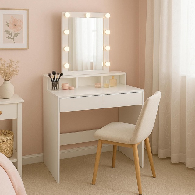 Harbour Housewares Wooden Dressing Table with LED Lights - White White White