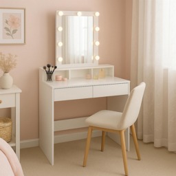 Harbour Housewares Wooden Dressing Table with LED Lights - White White White